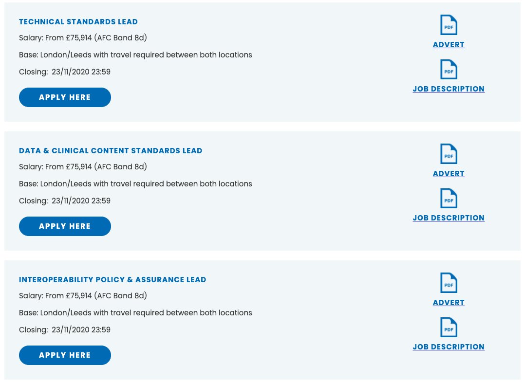 HIRING 🚨🚨🚨- three new roles out now in my Standards and Interoperability team @NHSX! Will you be the Tech Standards Lead, Data & Content Standards Lead, or Interoperability Policy Lead working to make health and social care better? ➡️Apply here: acertus.co.uk/nhsx/opportuni…