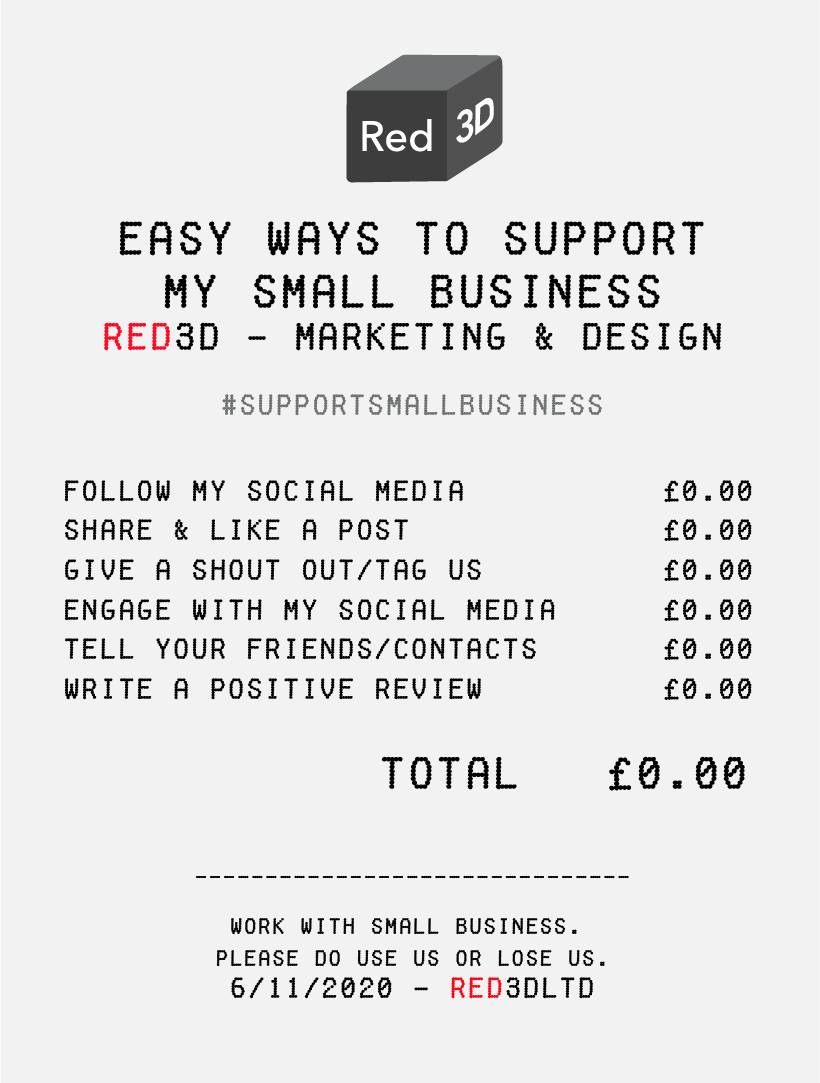 Red3DLtd's tweet photo. Please use all small businesses through the lockdown - Use us or lose us!
With England under lockdown and rest of the UK facing restrictions due to the coronavirus, small businesses need our support more than ever. 
#supportlocal #smallbusiness #shopsmall #marketing
#design https://t.co/3ilqsORIjI