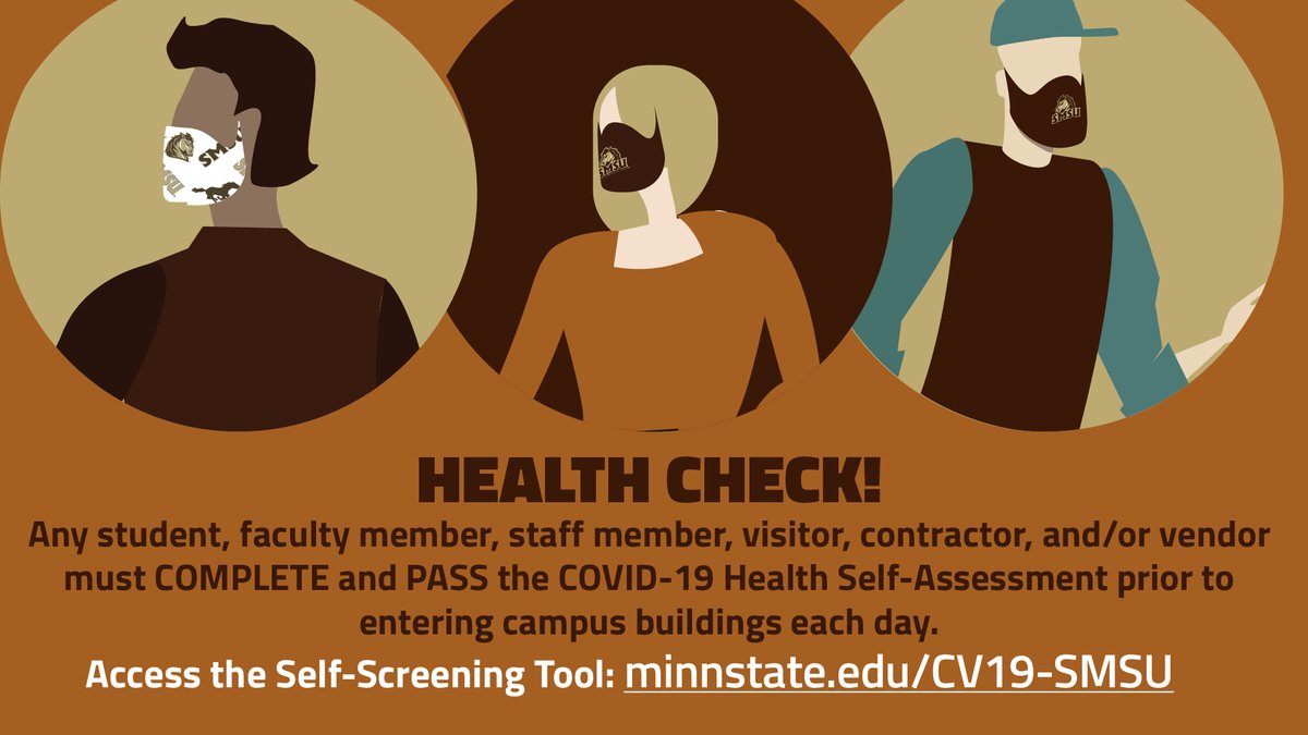 SMSUToday's tweet photo. Remember your mask and to do the health check before you head out and come to campus. https://t.co/RjlQUZleMl #MustangsMaskUp #MustangsCare https://t.co/rTFW1M76Za