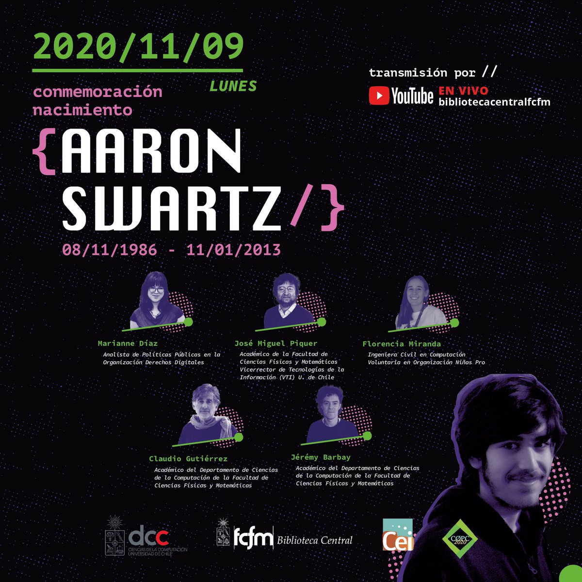 📢¡Recuerda! 
Próximo lunes se conmemorará a Aaron Swartz.
No te pierdas este evento en vivo por el canal de <a href="/YouTube/">YouTube</a> de la <a href="/BibliotecaFCFM/">Bib. Central FCFM</a> 😉