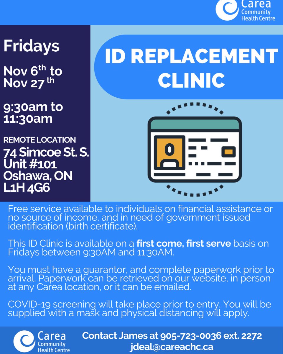 durhamchc's tweet photo. Free ID Replacement Clinic - Contact James at 905-723-0036 ext. 2272 jdeal@careachc.ca.  FRIDAYS from 9:30am to 11:30am at 74 Simcoe St. South, Unit #101 (downtown Oshawa). https://t.co/p5tnW3wJDj