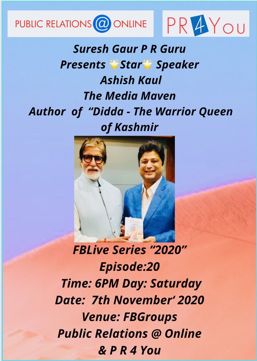 sureshgaur56's tweet photo. Good Evening Friends ๐๐ปโโ๏ธ
Happy to present #Episode20
#FBLiveSeries #TwentyTwenty #StarSpeaker โAshish Kaul - The Media Mavenโ @aashishkaul
Day #Saturday Date #7thNovember
Time #6pm Venue #FBGroupPages
๐๐ผ๐๐ผ๐๐ผ
Public Relations @ Online & P R 4 You https://t.co/CuxHBudPQp