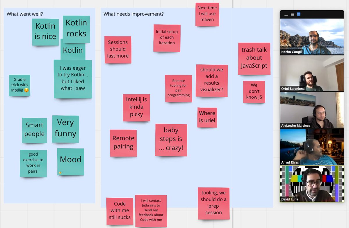 icougil's tweet image. A really fun 🤪 event #gdcr2020 where we have been working with #kotlin #Java and #javascript using #TDD in our @BarcelonaJUG community event thx to @DynatraceBCN 😃 #refactoring #TDD #SoftwareDeveloper 
Thx for being coding 👩‍💻  with us folks 👍 ! @anyulled @alex81sp @obarcelonap
