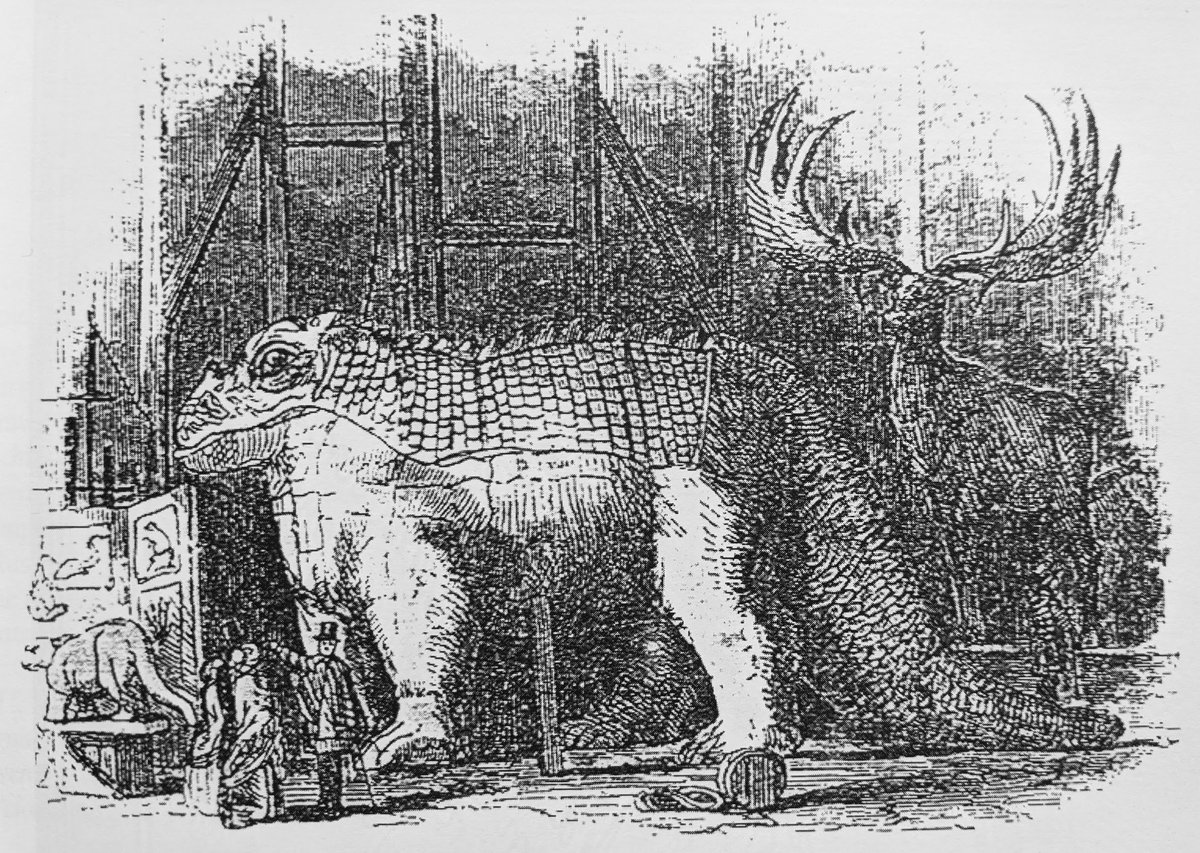 The dinner was to be held in the clay mould of the standing Iguanodon, not the brick, tile and iron sculpture that's still with us today. These clay versions were used to sculpt the form and details of each animal, which could then be cast and transferred to the concrete ones.