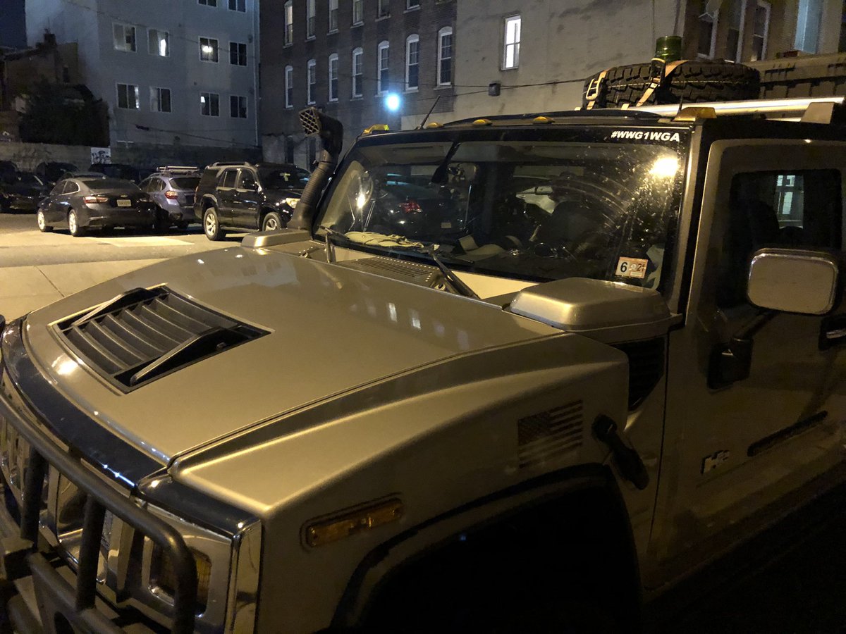 MiguelMValle's tweet photo. Police detained two men who drove to Philly form VA in this Hummer making threats against the convention center (where votes are being counted)

Police say they found weapons in the car. Homeland security involved

Also worth noting the QAnon stickers on the car @NBCPhiladelphia https://t.co/rb6hDcupCo