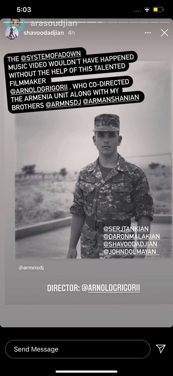 acrs_director's tweet photo. A kid from a village called Khachmach, in Artsakh just directed @systemofadown new video. Believe it. 
He is a wounded soldier who will be heading back the second he heals. 
Until then, we build Artsakh from now. Together. 
Thanks @serjtankian @shavoodadjian for showing him love https://t.co/iQdNOxjRAb