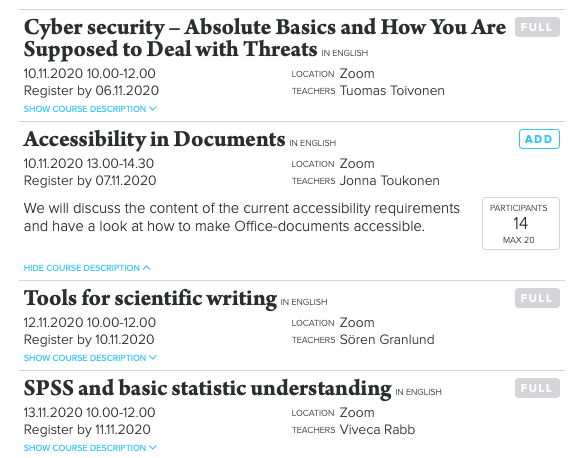 EdulabT's tweet photo. Four short courses by EduLab in week 46: Tuesday: Cyber security, Accessibility in Documents; Thursday: Tools for scientific writing; Friday: SPSS and basic statistic understanding https://t.co/54gxeC7ccY