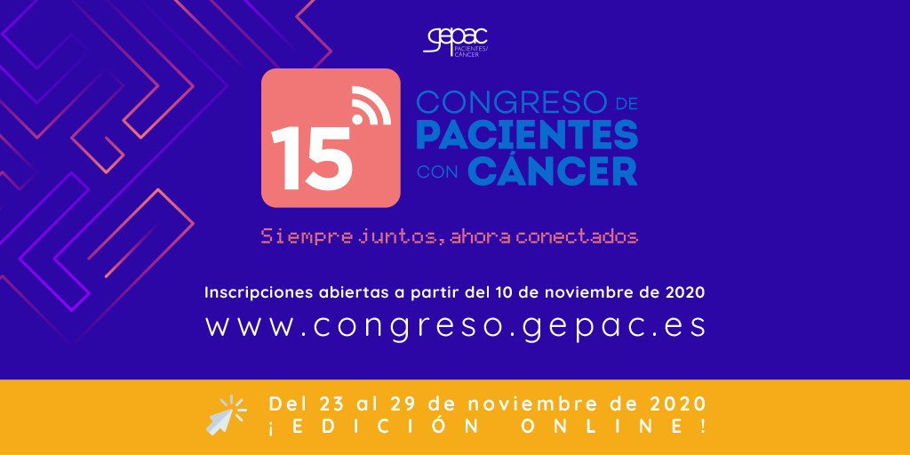 GEPAC_'s tweet photo. Nada podía detenernos. Como cada año, llega una nueva edición del Congreso de Pacientes con Cáncer pero con una novedad, ¡SOLO EN FORMATO ONLINE!

📲 A partir del próximo martes 10 de noviembre abrimos inscripciones en la web: https://t.co/fun2quq5Cn
#15congresoGEPAC https://t.co/P9qdMyUpR0