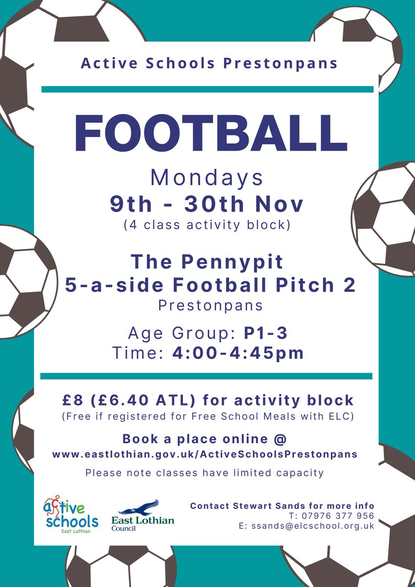 TOMORROW! P1-3 Football at the Pennypit 5-a-sides.

For full details and to book a place online, click here ➡️ eastlothian.bookinglive.com/home/active-sc…

#ActiveEL