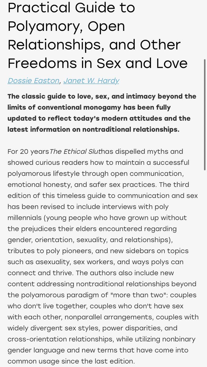“the ethical slut” focuses on poly&non-monogamous relationships in a more practical way vs talking about it from a more academic standpoint like one of my earlier suggestions. so if you’re curious or considering trying, this is a good “how to” guide  https://b-ok.lat/book/3706169/41e8f7