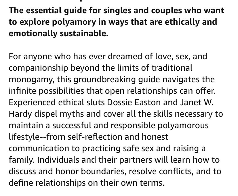 “the ethical slut” focuses on poly&non-monogamous relationships in a more practical way vs talking about it from a more academic standpoint like one of my earlier suggestions. so if you’re curious or considering trying, this is a good “how to” guide  https://b-ok.lat/book/3706169/41e8f7