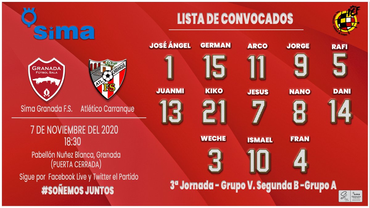 GranadaFS's tweet photo. 📋 Lista de convocados de @RafiGarciaG para recibir al @Atl_Carranque: José Ángel, Germán; Juanmi (C), Rafi, Weche, Fran, Ismael, Arco, Nano, Kiko, Dani, Jorge, Jesús. #SIMACarranque #GV2B #SomosEquipo #SoñemosJuntos https://t.co/Z5CRBvMo3l