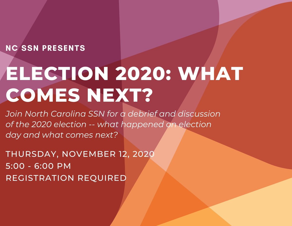 Join <a href="/DeondraRose/">Deondra Rose</a>, <a href="/S_Verbiest/">Sarah Verbiest</a>, <a href="/WellnessPolicy/">Dr. Haynes-Maslow</a> and others for a debrief and discussion of the 2020 election - what happened on #ElectionDay and what comes next? 11/12 from 5-6pm EST.  Register Here: bit.ly/3l2wIPr