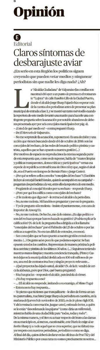 abogadabruna's tweet photo. 🛑Aplaudo la editorial de @mercuriovalpo . El "señorito Sharp" taimado ningunea a periodista mujer por preguntar qué proyectos ha dejado a Valparaíso, y solo le responde "tranquilízate" (=hormonal) . @JorgeSharp exijo respeto por las mujeres y profesionales q hacen su pega👇🏽 https://t.co/IqDKLblA7d