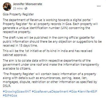 SmtJMOfficial's tweet photo. Goa Property Register
The department of Revenue is working towards a digital portal ' Property Register' for all property records in #Goa. Each property will generate a unique identification number (UIN) concerning the respective property.
#GrowingGoawithIT #Jennifer4BJP #BJP4Goa https://t.co/ycBPFvDqwI