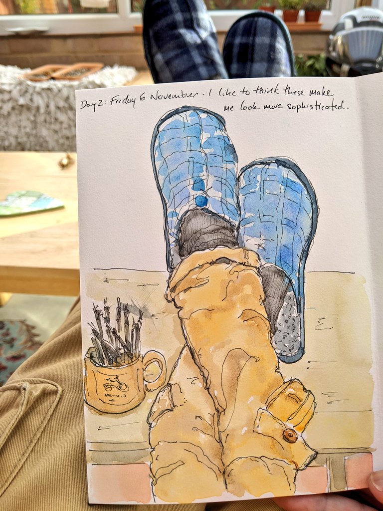 RolandN's tweet photo. Lockdown journal Volume 2 😔 Day 2: I've started rocking my sophisticated look already. 

#slippers #athome #coronacreativity #lockdown #coronavirus #stayathome2 #art #coronajournal #sketch #painting #illustration https://t.co/EA5LefIi7b