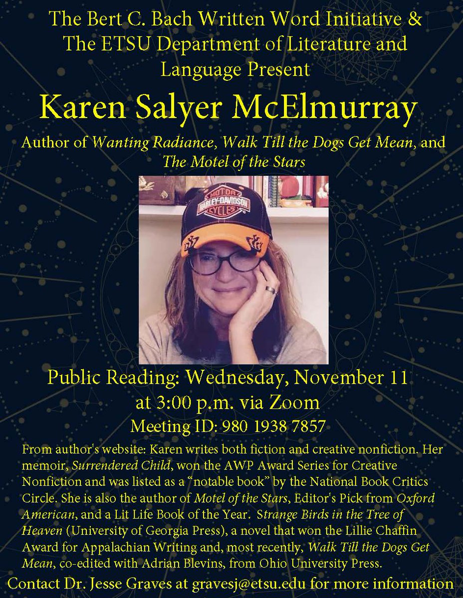 etsuLiLa's tweet photo. #etsuLiLa would like to welcome Karen Salyer McElmurray, author of Wanting Radiance, Walk Till the Dogs Get Mean, and The Motel of the Stars, who will deliver a public reading on Nov. 11 at 3 pm via Zoom. We hope to see you there! https://t.co/iFxCrvAInV