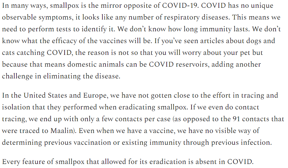 All the things that made smallpox a good candidate for eradication are absent in COVID.Targets that aim for near-zero-incidence of COVID without *severe* travel restrictions and heavy-handed contact tracing and quarantine are probably not very realistic.