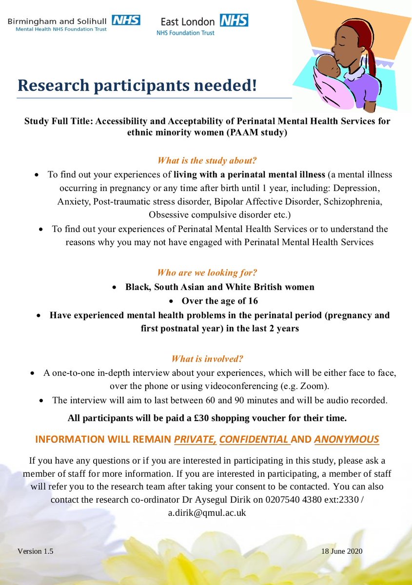 Are you a South Asian / Black / White British female who has experienced a mental health problem during your pregnancy or 1 year after birth?

Would you like to take part in our study by sharing your experiences? We will send you a £30 gift voucher!

If so, please get in touch!