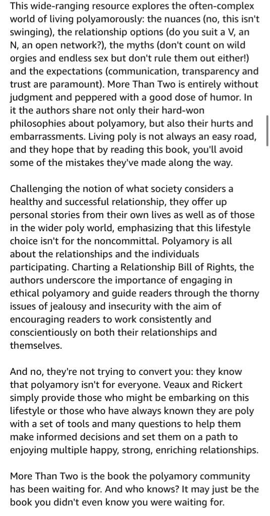 name don’t hit as hard as “ethical slut” but “more than two” is another guide on poly- i haven’t read in its entirety, but i’ve heard it’s good as well for ppl who are trying to figure out how to integrate & navigate relationship styles other than monogamy  https://b-ok.lat/book/2701015/24aff4