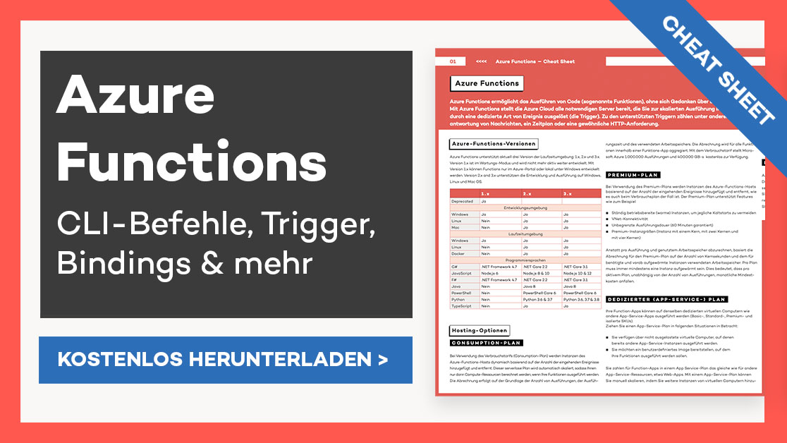 thinktecture's tweet photo. Auf vier Seiten zeigt @BorisWilhelms die wichtigsten Informationen, meist genutzten CLI-Befehle und die gängigsten Trigger und Bindings. Laden Sie sich hier kostenlos das #AzureFunctions-#CheatSheet herunter. 📃➡️ https://t.co/gd4sALqO7b https://t.co/QVUUs8IdvE