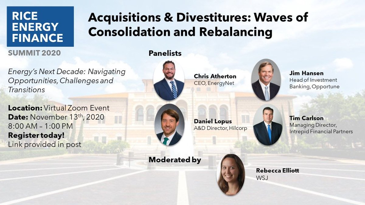 RiceREFS's tweet photo. Acquisitions and divestitures historically are a response to the #oil industry's boom-and-bust cycles. How are you handling this #energy transition? Join us on Friday, Nov. 13th as industry experts provide their valuable insights

Register: https://t.co/YAbyRo5QlG https://t.co/sfonEI1Cyl