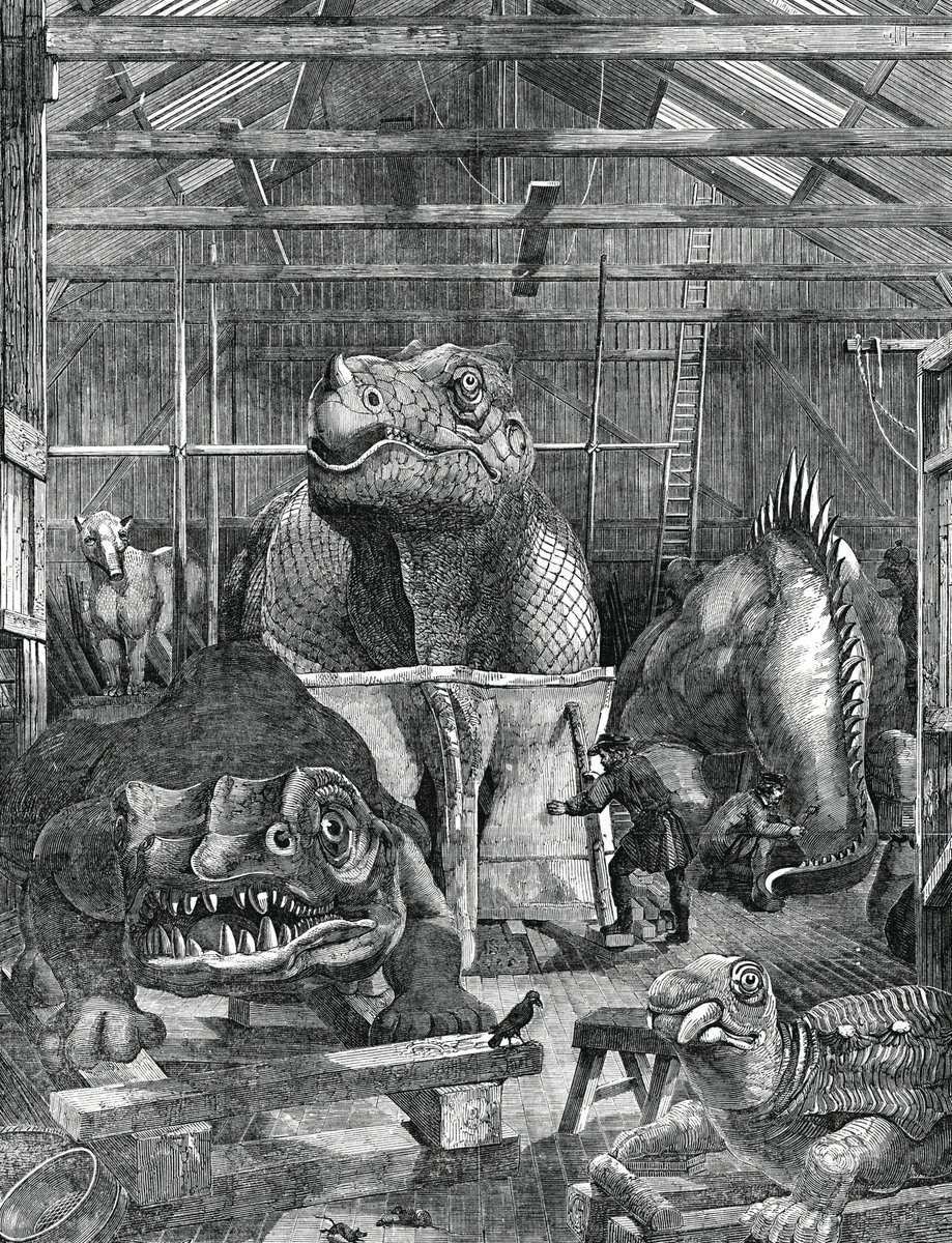 Platforms and stairs allowed waiters and diners access to the Iguanodon. Illustrations of the workshed show raised areas already installed in parts of the building, allowing Hawkins and co. access to large models and storage for completed sculptures.