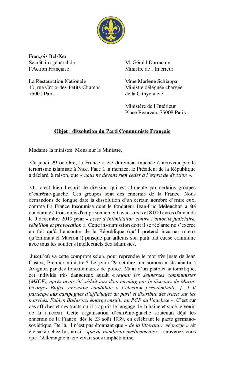 AdrienMolin's tweet photo. ⚠️ La réponse de l'@actionfrancaise à @ericcoquerel. Nous demandons la dissolution du @PCF et de @FranceInsoumise. https://t.co/RBVoWcCE1A