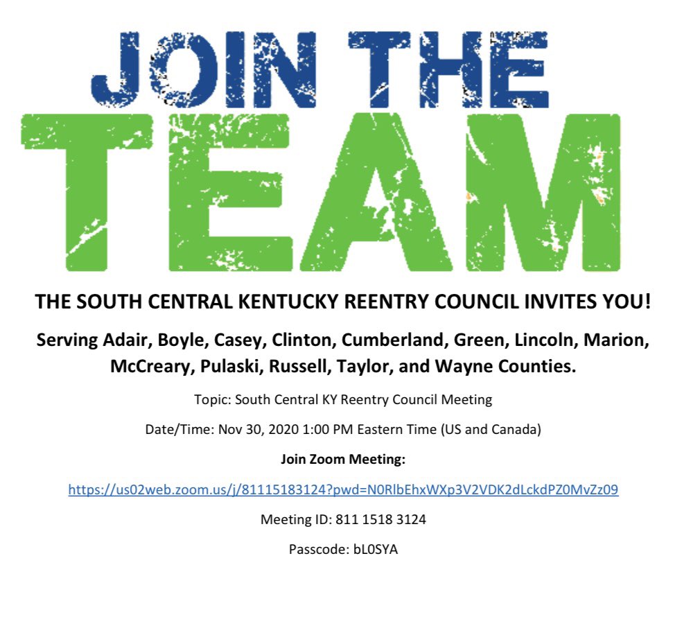 Mark your calendars now! We hope you will join us on November 30! 😃 
#SCKYReentry #KentuckyReentry

Topic: SCKY Reentry Council
Time: Nov 30, 2020 01:00 PM Eastern Time (US and Canada)
 
Join Zoom Meeting
us02web.zoom.us/j/81115183124?…
 
Meeting ID: 811 1518 3124
Passcode: bL0SYA
