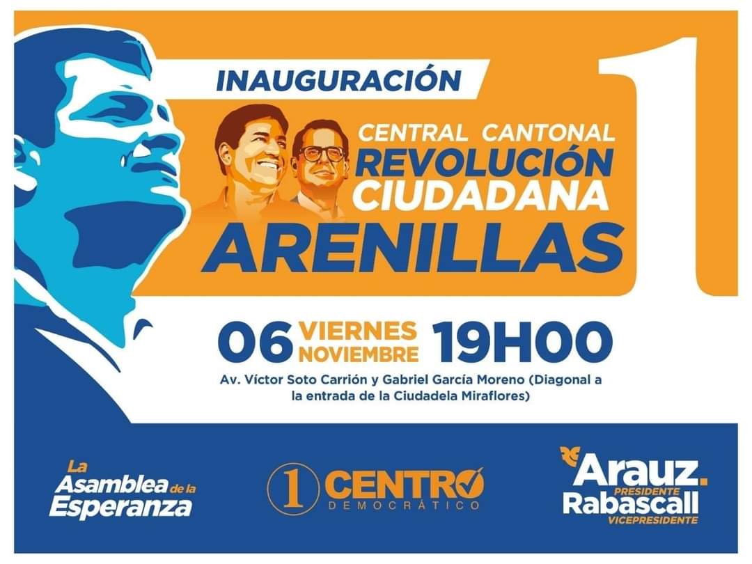 CavoZambrano's tweet photo. Hoy, Viernes 06 de Noviembre en Arenillas inauguraremos la Central de la Revolución Ciudadana.

Los esperamos a partir de las 19h00 en Av. Víctor Soto Carrión y Gabriel García Moreno (Diagonal a la entrada de la Ciudadela Miraflores)
#ARecuperarElFuturo #TodosSomos1🇪🇨 https://t.co/pXtvua68Uv