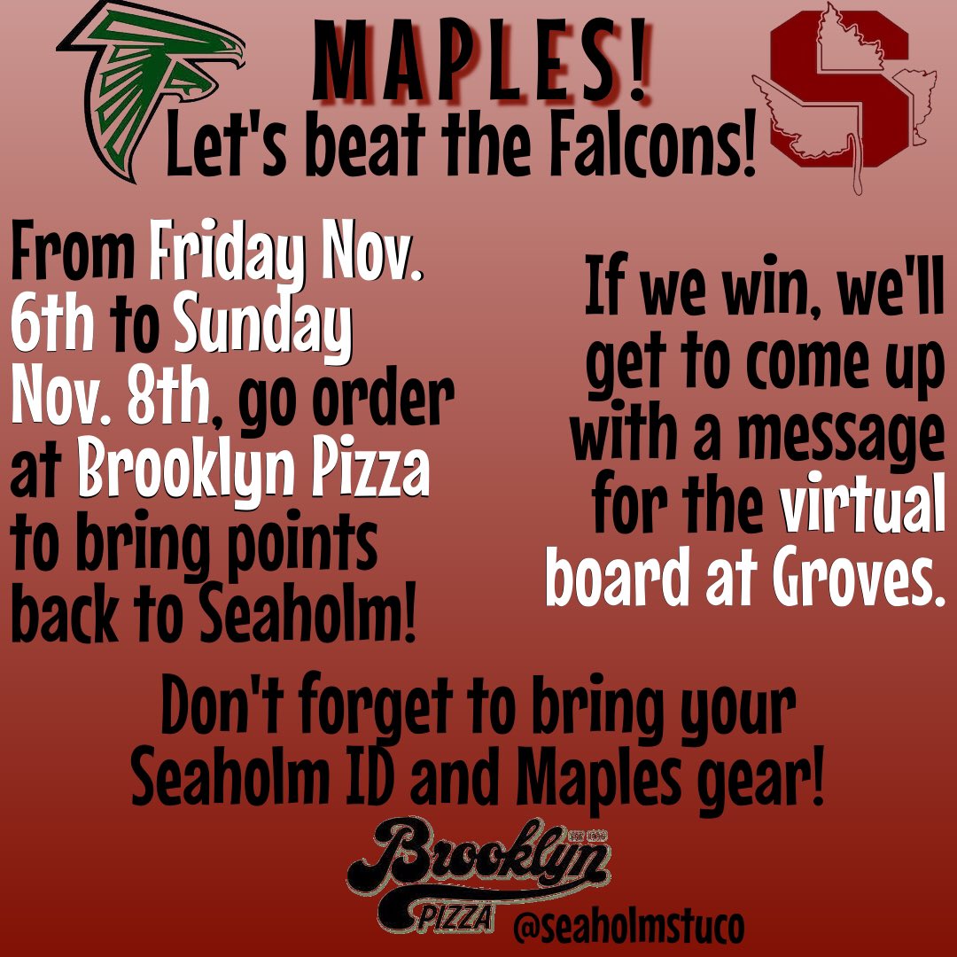STARTING TODAY!! Hope to see you at our event will cross-town rivals this weekend !! Make sure to bring your student ID and dress up in Maples gear.🍁🍕