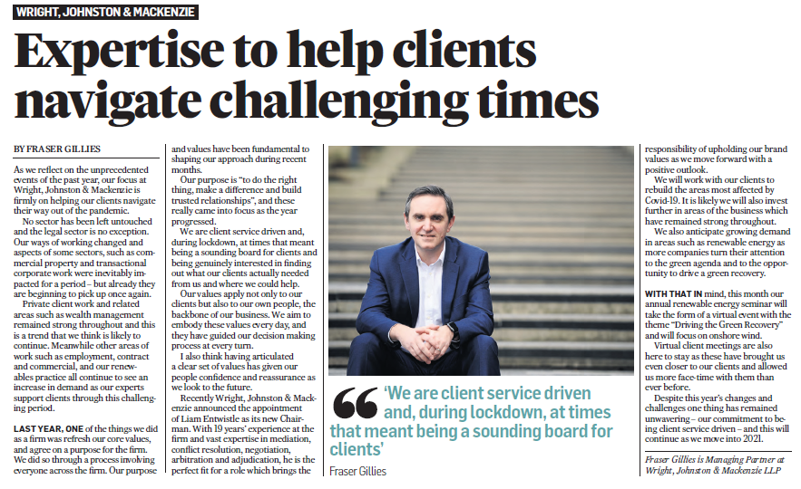 WrightJohnston's tweet photo. Great coverage for WJM in today's #LegalScot, including Managing Partner @FraserG_WJM who reflects on an unprecedented year helping clients navigate their way through the #pandemic &amp; moving forward with a positive outlook #trustedrelationships #clientservicedriven #wjm https://t.co/2BiQM30IIS
