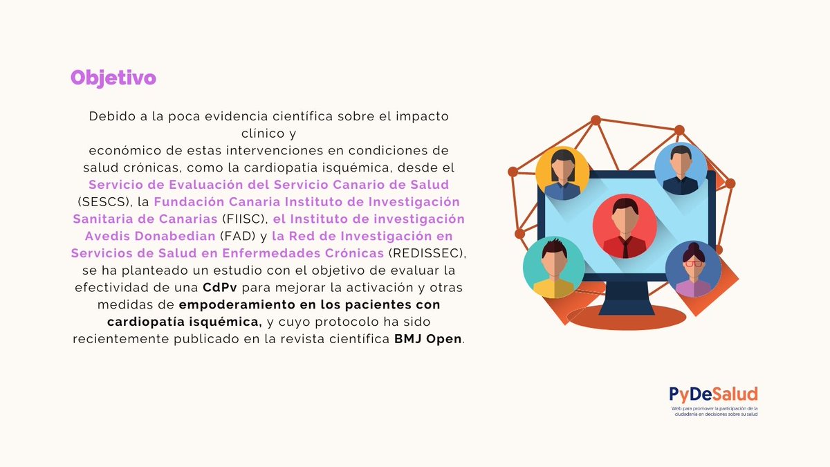 Pydesalud's tweet photo. Desde el @_SESCS_ @corregoFAD @redissec @lilisbeth2010 @corregoFAD @anaisglezglez se ha planteado un estudio con el objetivo de evaluar la efectividad de una #CdPv para mejorar la activación y otras medidas de empoderamiento en los pacientes con #cardiopatíaisquémica https://t.co/cQYTzCyfaZ