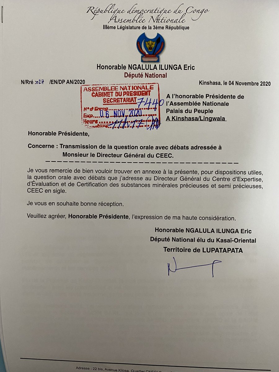 ilungaeric85's tweet photo. #CEEC Nous avons introduit en ce jour une question orale avec débats adressée au Directeur Général du Centre d’Expertise, d’Évaluation et de Certification des substances minérales précieuses et semi précieuses #CEEC en sigle concernant les ventes des diamants #SACIMSarl https://t.co/QMAxM4wmPC