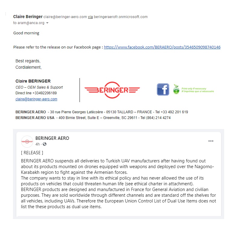BREAKING: In an email to <a href="/ANCA_DC/">ANCA</a> Beringer AERO announces it has suspended deliveries for Turkish UAVs "after having found out about its products mounted on drones equipped with weapons and deployed over the Nagorno-Karabakh region."

Full statement here: facebook.com/BERAERO/posts/…