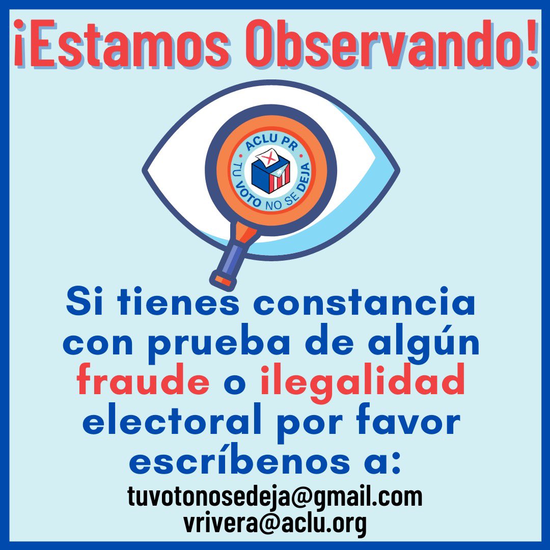 🚨Sabemos que hay tensiones e incertidumbre. En este proceso #TuVotoNoSeDeja y #ACLU no te dejan solx. 

🔹En calma y alertas.

<a href="/ACLUPR/">ACLU Puerto Rico</a>