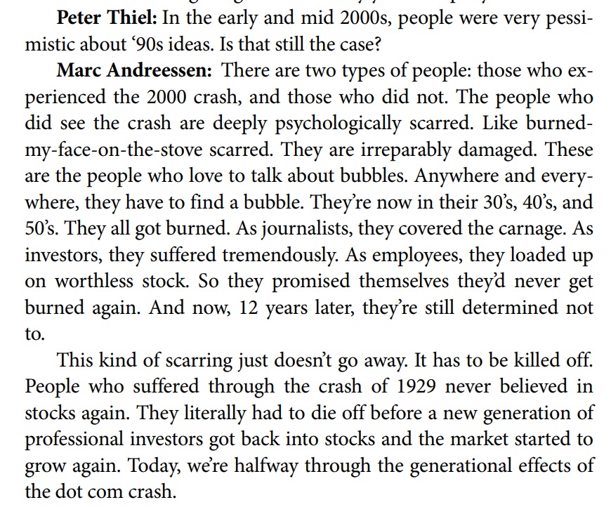 "There are 2 types of people: those who experienced the 2000 crash, and those who didn't. The people who saw the crash are deeply scarred. They are irreparably damaged. These are the people who love to talk about bubbles. Anywhere and everywhere, they have to find a bubble."
