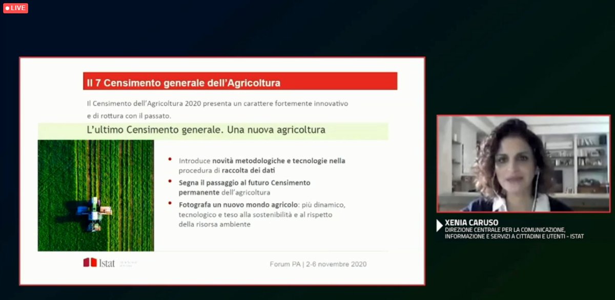 ⏰ #60minutidiCensimenti 

@caruso_xenia #istat 

✅la strategia di #comunicazione del #CensimentoAgricoltura sarà organica, articolata e fortemente integrata 

✅Una forte attenzione alle tecniche di visual #storytelling e #datatelling 

#ForumPA2020