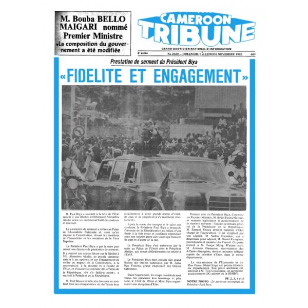 dibussi's tweet photo. #OnThisDay November 6, 1982. Paul Biya sworn in as President of Cameroon. @CamerounTribune frontpages. #Kmerhistory https://t.co/0rCNOS27rP