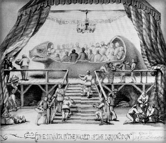 Hawkins reported in 1872 - when the image below was also created made - that the seating space in the model was a mere 15ft long. Can you really fit 21, or even 28, people in that space, alongside a dining table, for the duration of a 7-course meal?
