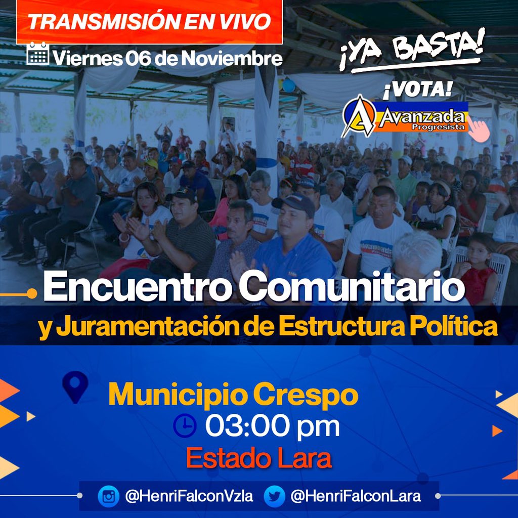 HenriFalconLara's tweet photo. Continuamos con la agenda de calle, recorriendo cada parroquia y municipio de #Lara y el resto del país. 

Hoy #6Nov estaremos juramentando a la estructura política y sosteniendo un encuentro comunitario en #Duaca #YaBasta #EsHoraDeAvanzar https://t.co/76NMCa1bSf