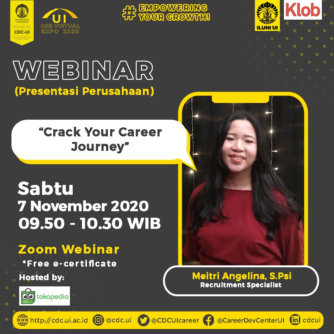 CDCUIcareer's tweet photo. [Webinar D-4: Memulai Perjalanan Karier Anda]

Link pendaftaran: https://t.co/L5z46CSbgB

Link booking webinar:
https://t.co/WVAJlmPMAg

UI CSE Virtual Expo 2020
"Empowering Your Growth!"

#UICSEVirtualExpo2020
#UICSE2020
#virtualexpo
#career
#UIJobExpo https://t.co/GVP4GC9A2y