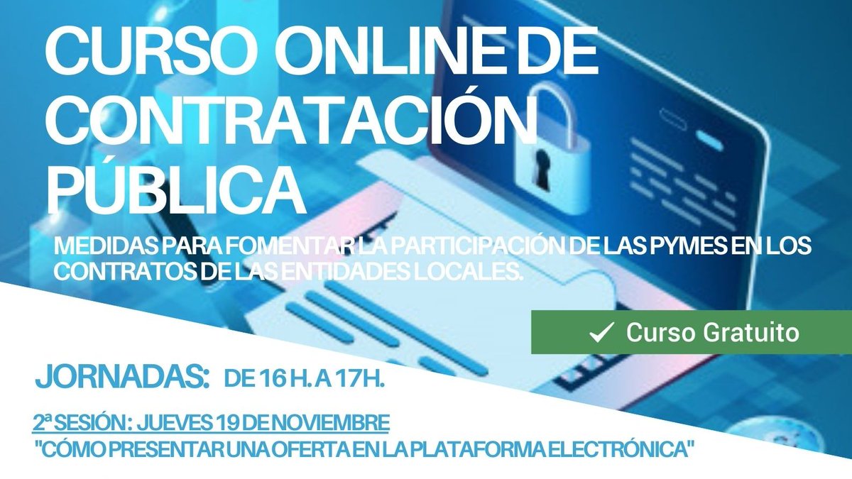 Ya está abierta la inscripción a la 2ª jornada del curso online y gratuito de Contratación Pública para fomentar el acceso de las Pymes a la contratación pública.
Para participar tendrán que rellenar el formulario de inscripción en el siguiente enlace: forms.gle/th51GX2x6V5ALg…
