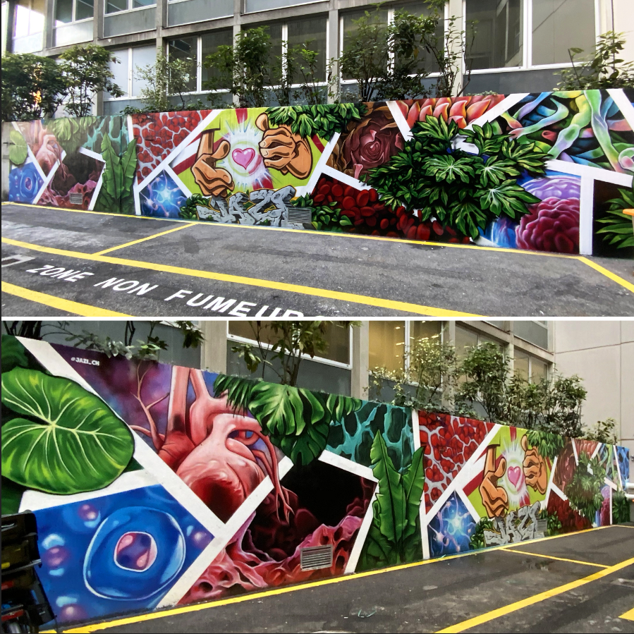 hug_ge's tweet photo. Jazi célèbre graffeur genevois et l’un des chefs de file du #graff en Suisse a peint une fresque pour les HUG. Son œuvre intitulée « We all need love » fait 18m de long par 2m63 de large #graffiti #genève #art #taf #fresque https://t.co/3AJspMwwyJ