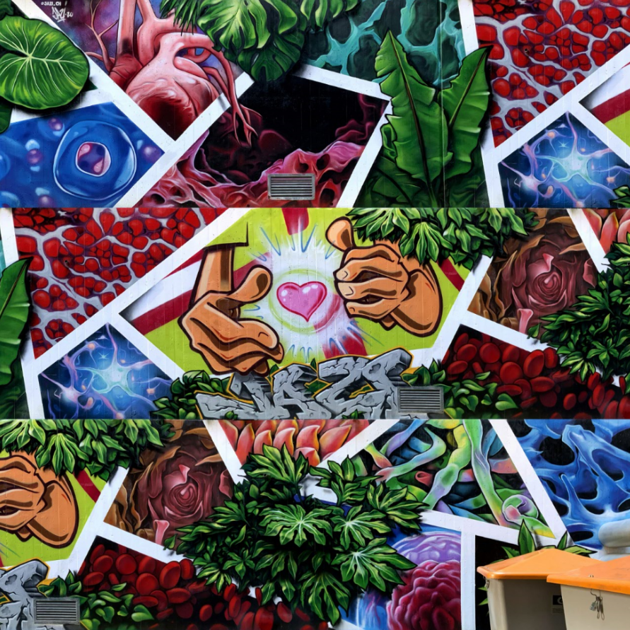 hug_ge's tweet photo. Jazi célèbre graffeur genevois et l’un des chefs de file du #graff en Suisse a peint une fresque pour les HUG. Son œuvre intitulée « We all need love » fait 18m de long par 2m63 de large #graffiti #genève #art #taf #fresque https://t.co/3AJspMwwyJ