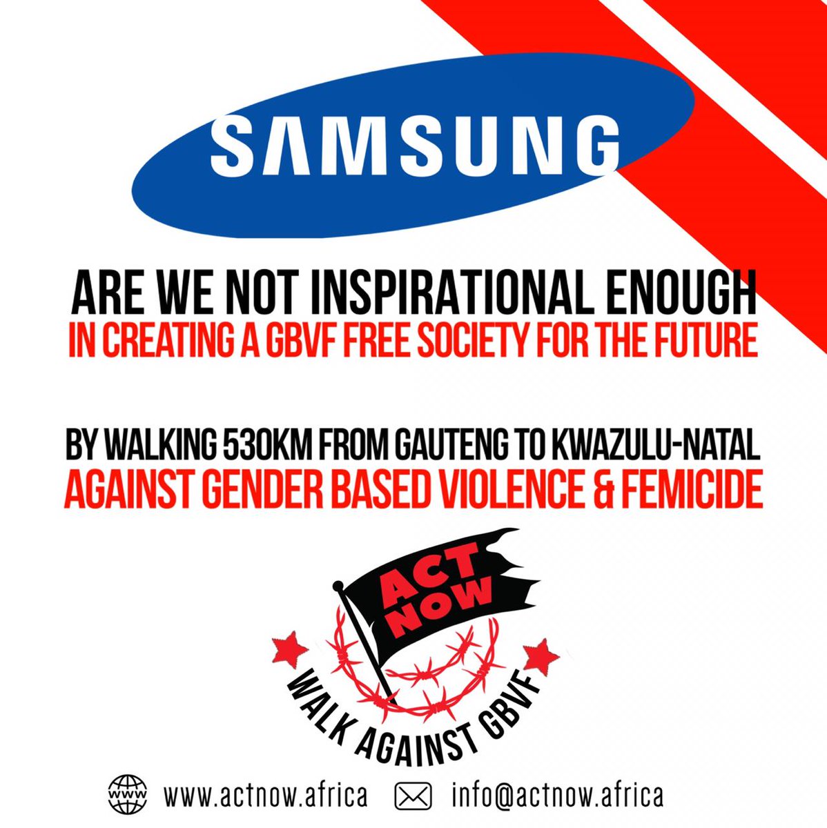 ActnowAfrica's tweet photo. @SamsungMobileSA @SamsungSA  Through this initiative we believe we are inspiring the world by creating a GBVF free future.

#actnowwalk #walkagainstGBVF @Flo_Letoaba
@samkelemaseko @Chriseldalewis @KhayaJames @HeidiGiokos https://t.co/ISA1bXuUcv