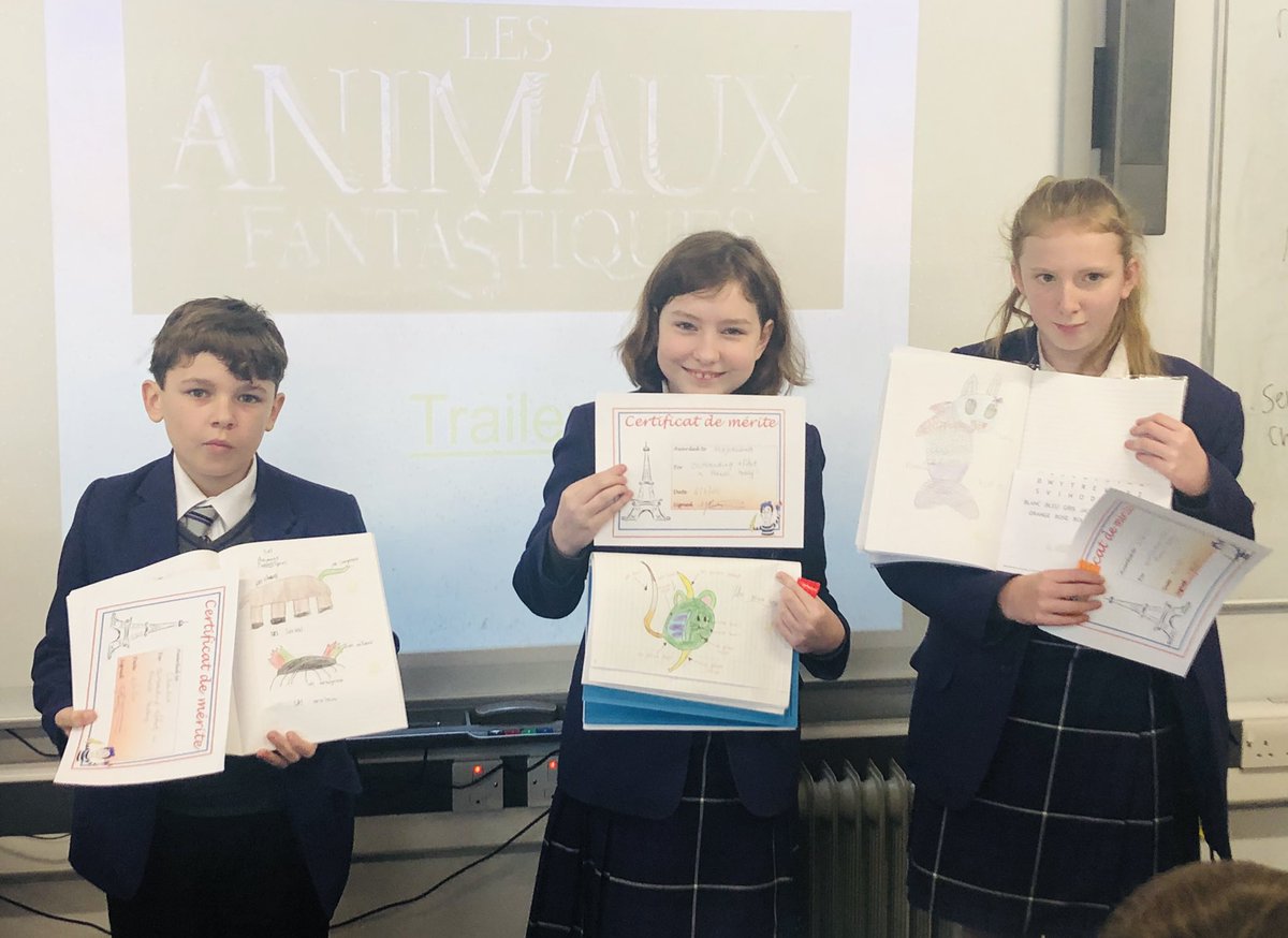 StNicksMFL's tweet photo. A big well done to year 7 students Charlie, Magda and Lillie today! They won prizes in their French lesson for their creations of ‘Les animaux fantastiques!’ https://t.co/OHogNgCRMp