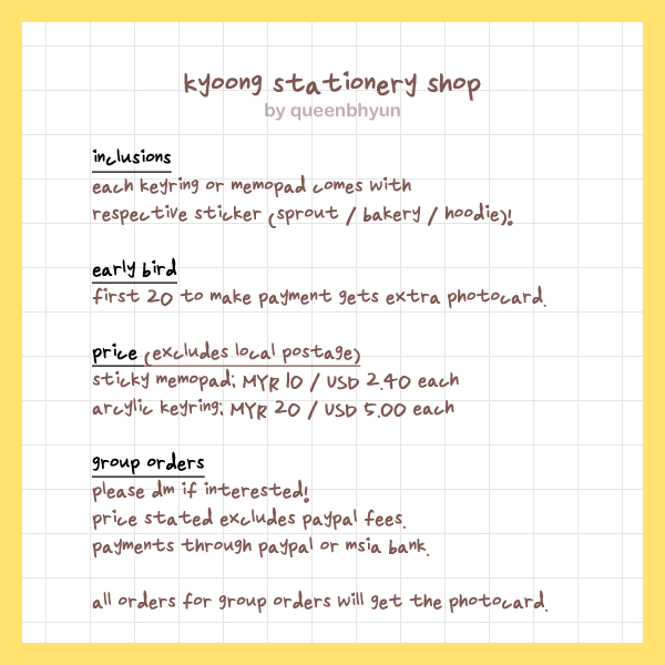 queenbhyun's tweet photo. 'ㅅ'📝

𝘄𝗲𝗹𝗰𝗼𝗺𝗲 𝘁𝗼
𝗸𝘆𝗼𝗼𝗻𝗴 𝘀𝘁𝗮𝘁𝗶𝗼𝗻𝗲𝗿𝘆 𝘀𝗵𝗼𝗽!

-

🔚 15/11 11.59PM (KST)
🌎 G.O. Please DM!

🎁 First 20 buyers and all group orders will get extra photocard (to be revealed later).

-

malaysia local order:
https://t.co/KNb24dTFlF

#KyoongStationeryShop https://t.co/iYlFwcclYj