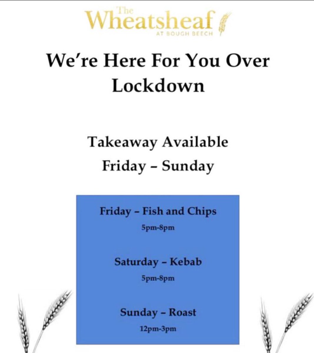 WheatsheafBeech's tweet photo. Takeaway update:
We have had an issue with our phone line for taking orders for this weekend. 

Please place your orders for next weeks takeaway via email. Place your orders up to 24 hours prior. Sorry for any inconvenience. 

Email: info@wheatsheafboughbeech.co.uk https://t.co/vIPrUEL3qI