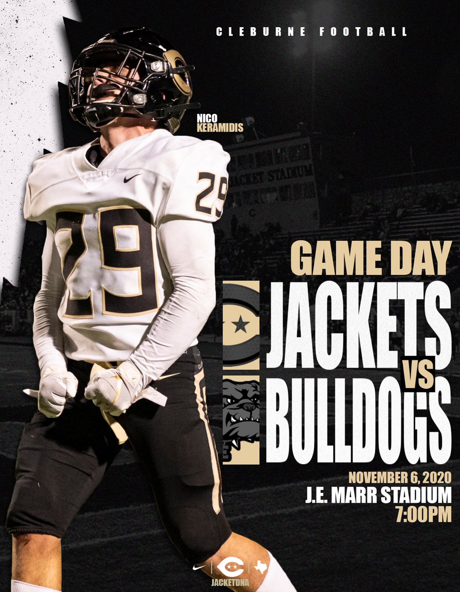CleburneFB_'s tweet photo. 🚨GAME DAY🚨 

🏈 Cleburne vs. Everman

 📍J.E. Marr Stadium

🕖 7:00 PM Kickoff 

No matter the circumstance, it'll be to our advantage. Show up, show out, and be relentless. Remember, it's about us &amp; nobody else. We determine the outcome. Let's get it!

#JacketDNA #MaskUP https://t.co/55GCy5UhPj